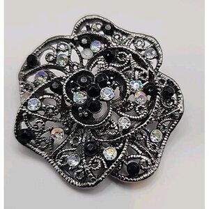 Vintage Layered Goth Costume Brooch Pin Black Rhinestone Filigree Cabochon